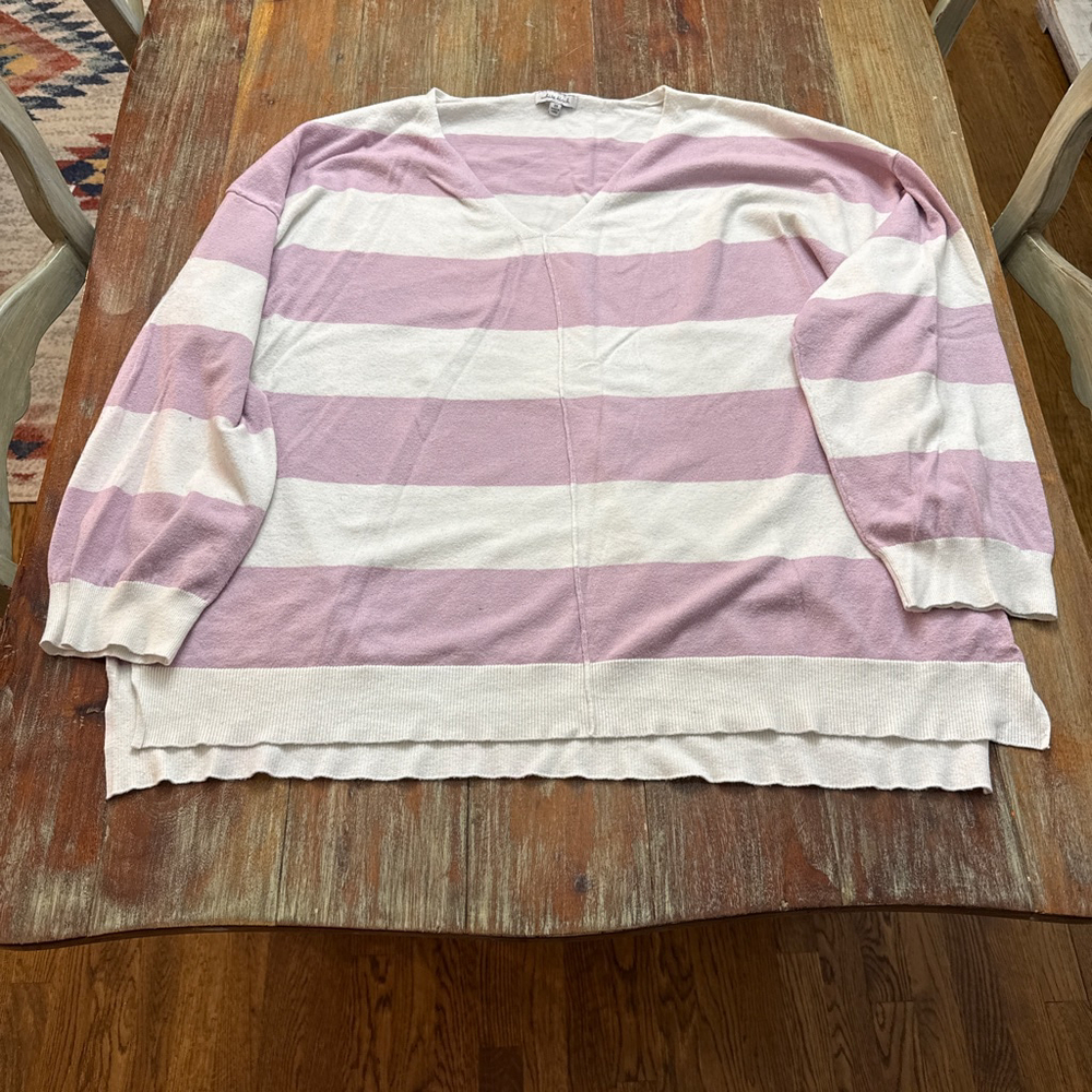 White Birch V Neck Striped Sweater White Lilac Purple 3X